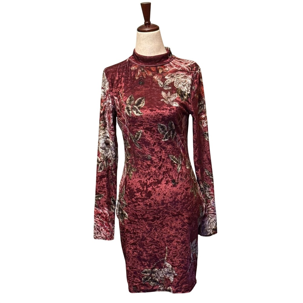 PrettyLittleThing Burgundy‎ Floral Crushed Velvet Mock Neck Bodycon Mini Dress 8